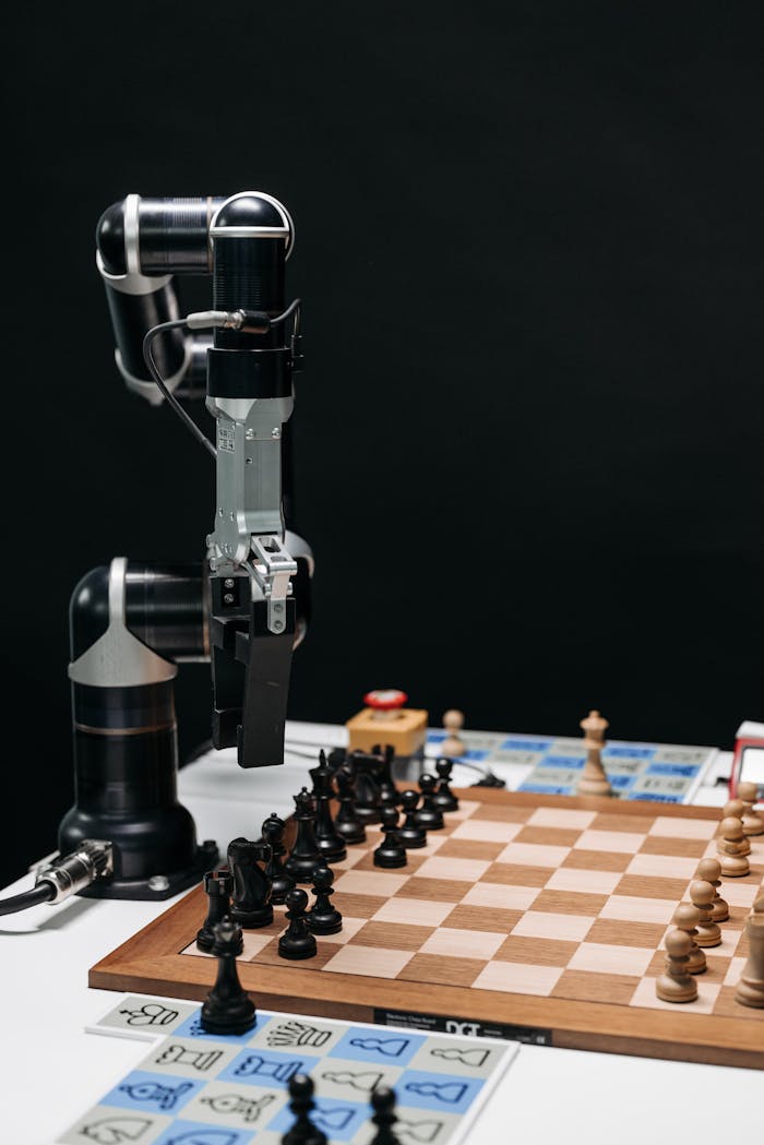 Robotic arm making a strategic move on a chessboard, showcasing AI in games.